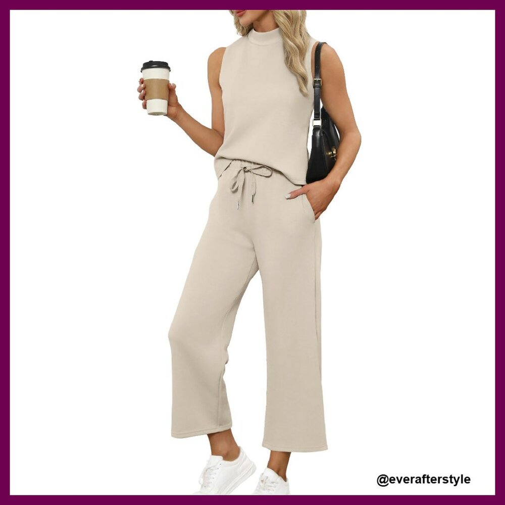 Mock Neck Two Piece Set Wide Leg Crop Pants Lounge Wear Chic Minimal